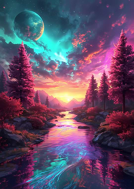 Fantasy River Landscape with Moon