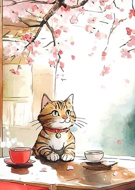 Cat with Tea and Cherry Blossoms