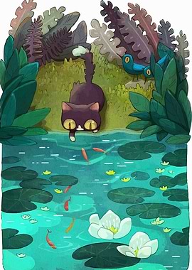 Cat and Fish in Pond Illustration