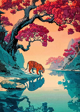 Tiger in Japanese Landscape