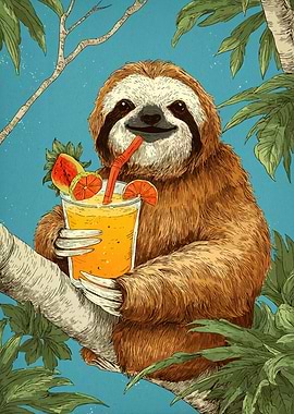 Sloth with Tropical Drink Illustration