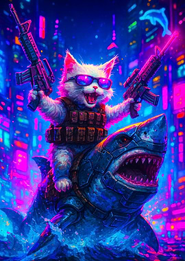 Cyberpunk Cat Riding Shark with Guns