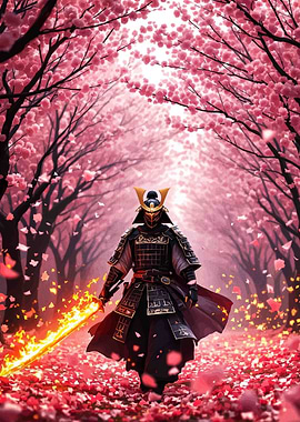 Samurai with Flaming Sword in Cherry Blossoms