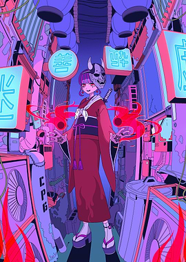 Cyberpunk Girl with Mask and Magic