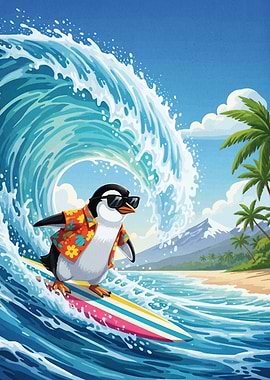 Surfing Penguin with Sunglasses and Aloha Shirt