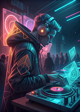 Cyberpunk DJ Mixing Music at Nightclub