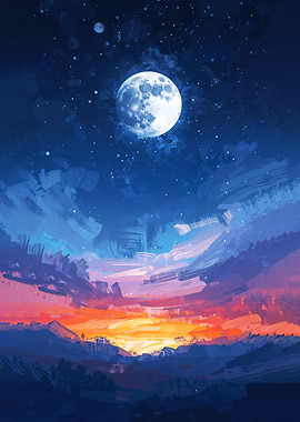 Moonlit Mountain Sunset Painting