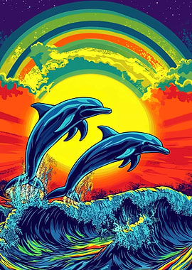 Dolphins Leaping Colorful Ocean