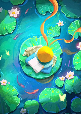 Dog Sleeping on Lily Pad Illustration