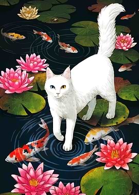 White Cat in Koi Pond Illustration