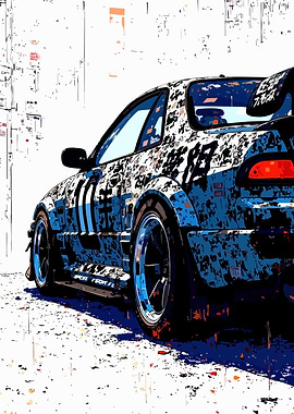 Blue and White Race Car