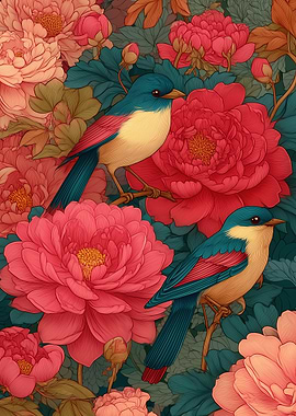 Birds and Peonies Floral Art