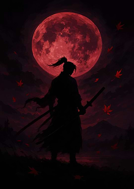 Samurai Silhouette Under Red Moon