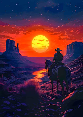 Cowboy and Horse at Sunset