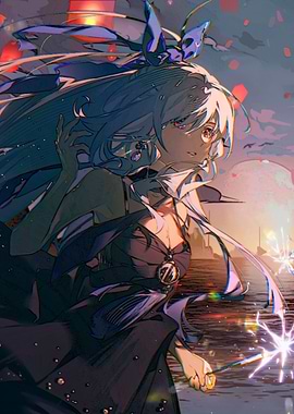 Girl with Sparkler at Sunset