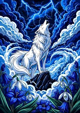 White Wolf Howling Under Lightning Storm