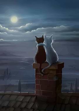 Cats on Chimney Under Moonlight