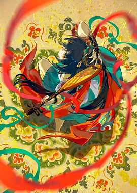 Asian Woman with Lute Illustration