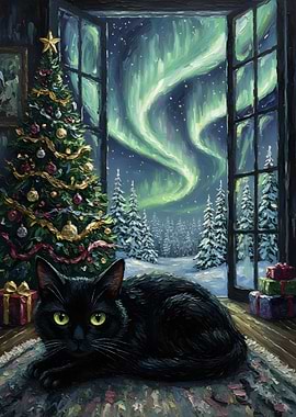 Black Cat Christmas Aurora Painting