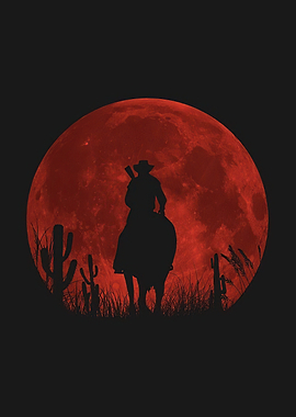 Cowboy Silhouette Under Red Moon