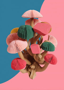 Colorful Mushroom Cluster on Split Background