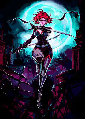 Red-haired warrior woman with swords