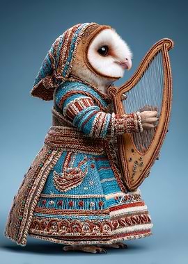 Anthropomorphic Owl Playing Harp in Knitted Outfit