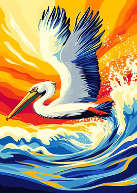 Pelican in Flight over Ocean Waves