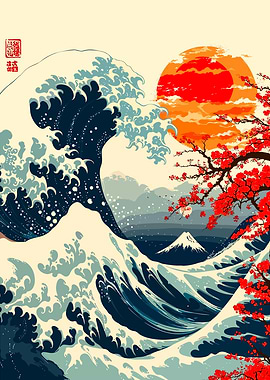 Japanese Wave and Cherry Blossom Art