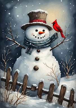 Snowman with Cardinal Winter Scene