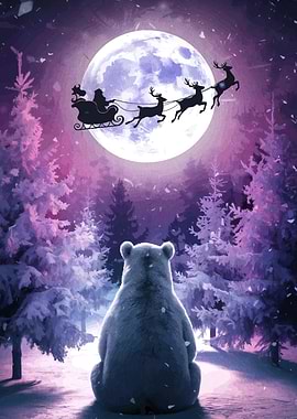 Bear watching Santa in winter forest