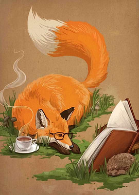 Fox Reading with Tea and Hedgehog