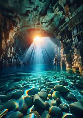 Sunlit Cave with Crystal Clear Water