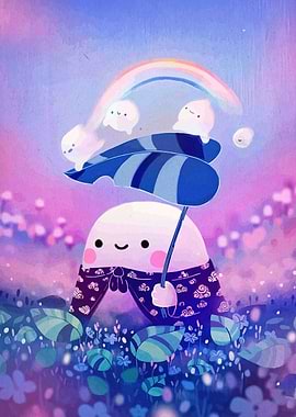 Cute Character with Umbrella and Rainbow