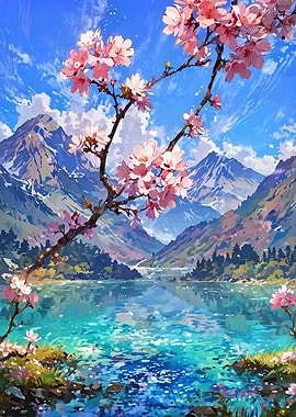 Cherry Blossoms by Lake