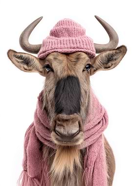 Cozy Wildebeest in Pink Winter Outfit