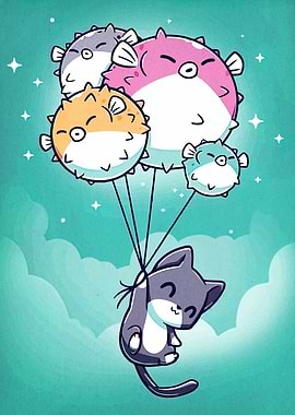 Cat Floating with Pufferfish Balloons
