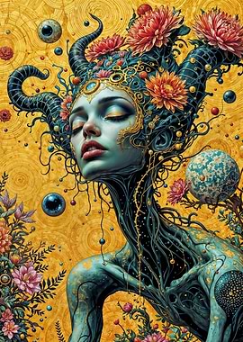 Floral Horned Woman with Ornate Details
