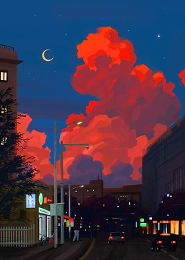 City Street at Night with Red Clouds