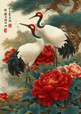 Cranes and Peonies Traditional Art