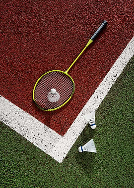 Badminton Racket and Shuttlecocks on Court