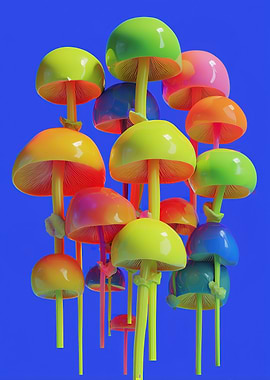 Colorful Mushroom Cluster on Blue Background