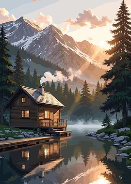 Cabin by the Lake at Sunset