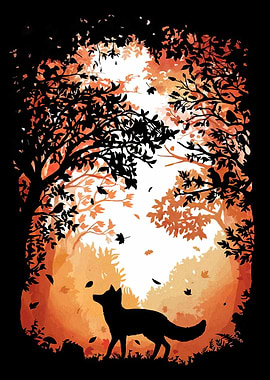 Fox in Autumn Forest Silhouette