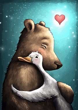 Bear and Duck Hug with Heart