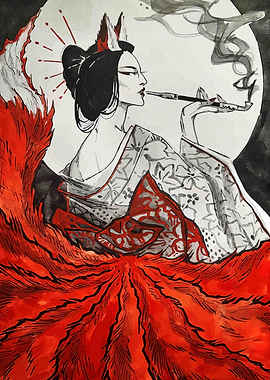 Fox Spirit Woman Smoking Pipe
