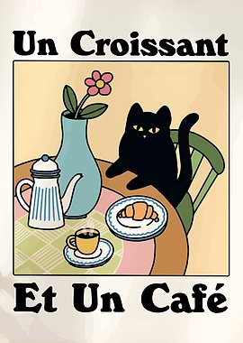 Croissant and Cafe with Black Cat
