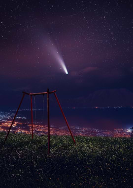 Comet over City and Swing Set