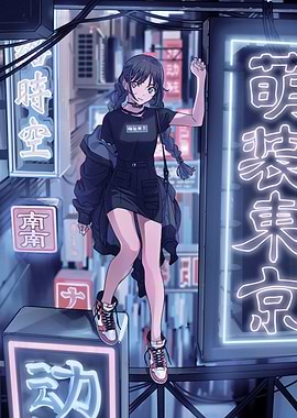 Anime Girl in Neon Cityscape