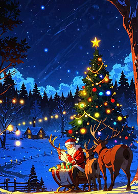 Santa Claus with Reindeer Christmas Night